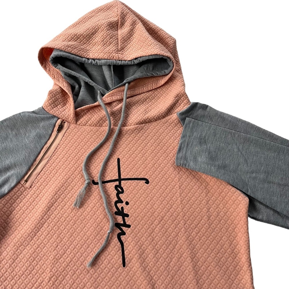 Faith Womens M Peach Pink Grey Colorblock Cross Quilted Hoodie Side Zip Pullover